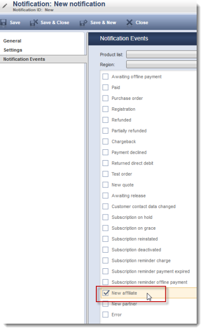 Affiliate Notification Event