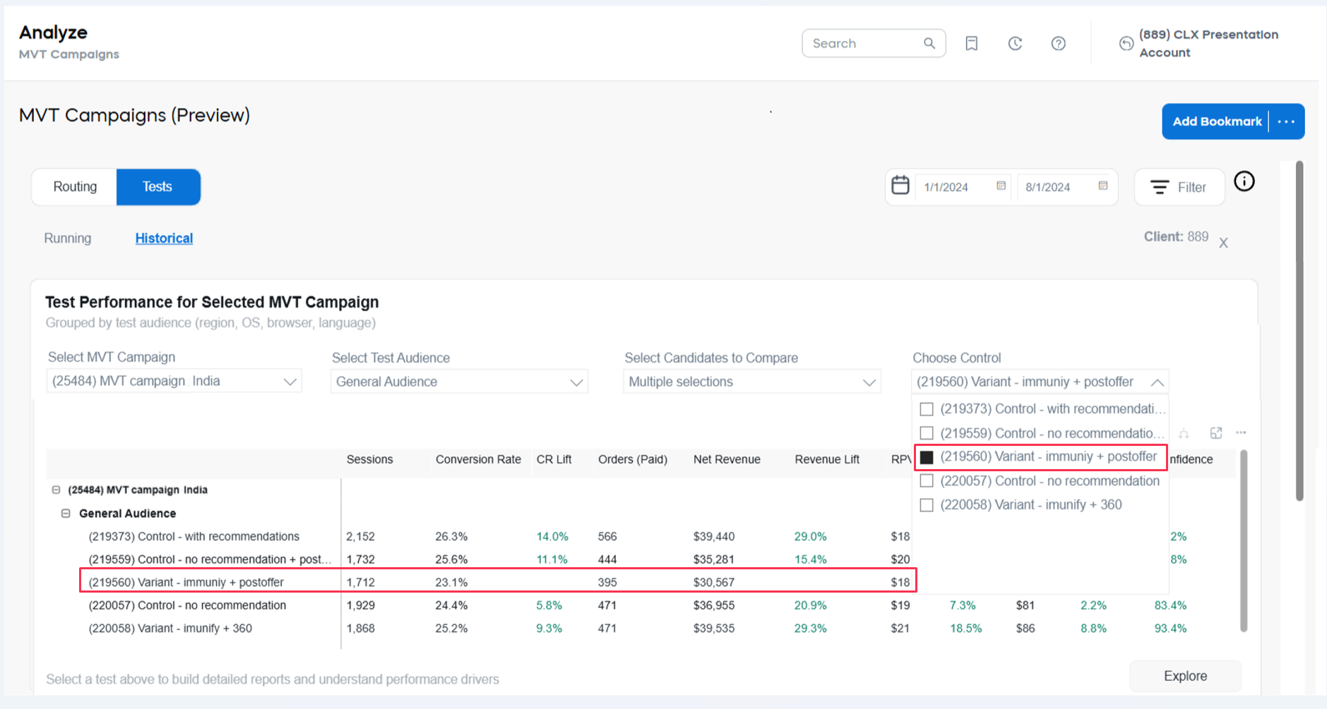 Choose control in historical view