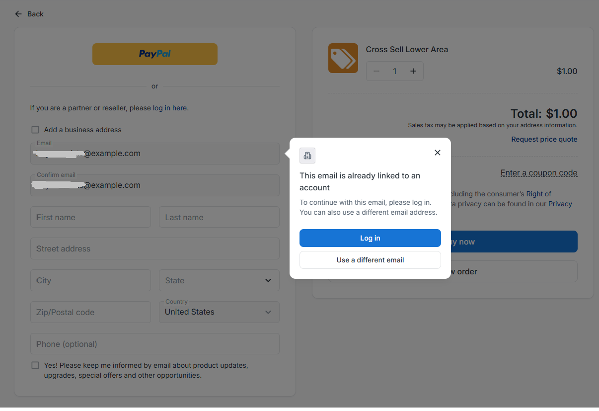 Example prompt shown when an email address is already linked to an account