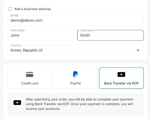 Select Bank Transfer via KCP in Checkout 2.0