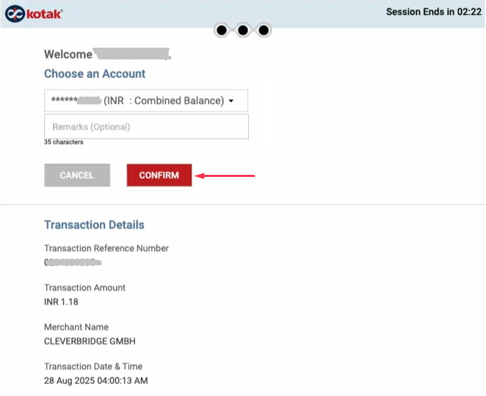 Confirm a one-time Net Banking payment with the bank