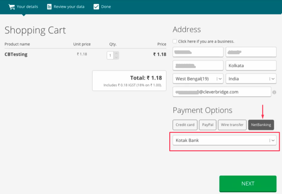Select a bank for a one-time Net Banking payment