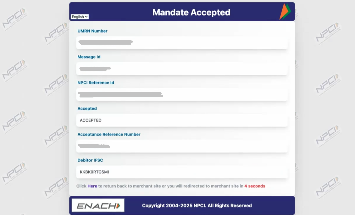 Accepted Net Banking mandate on the NPCI page