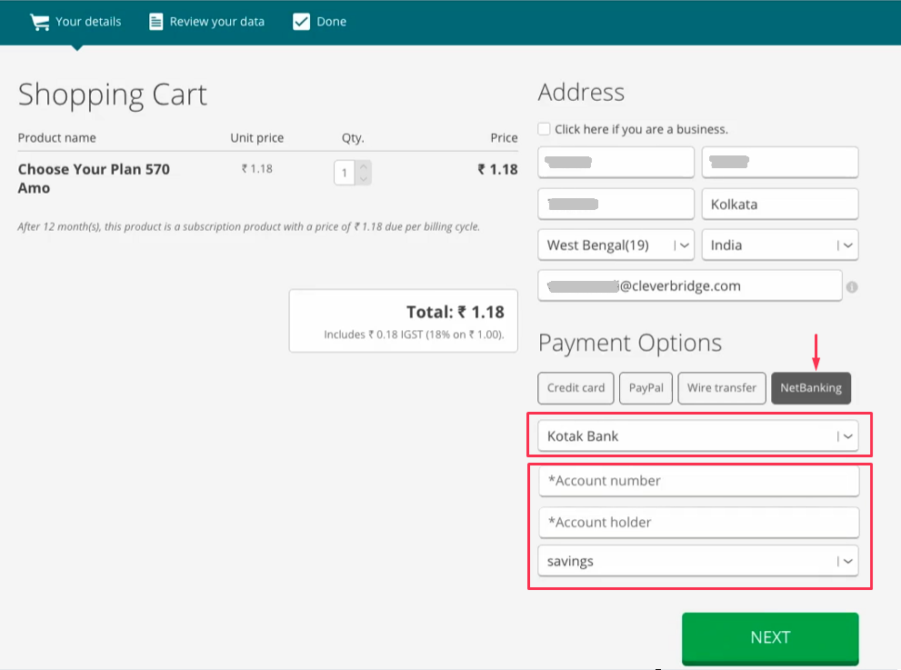 Select a bank for a Net Banking subscription