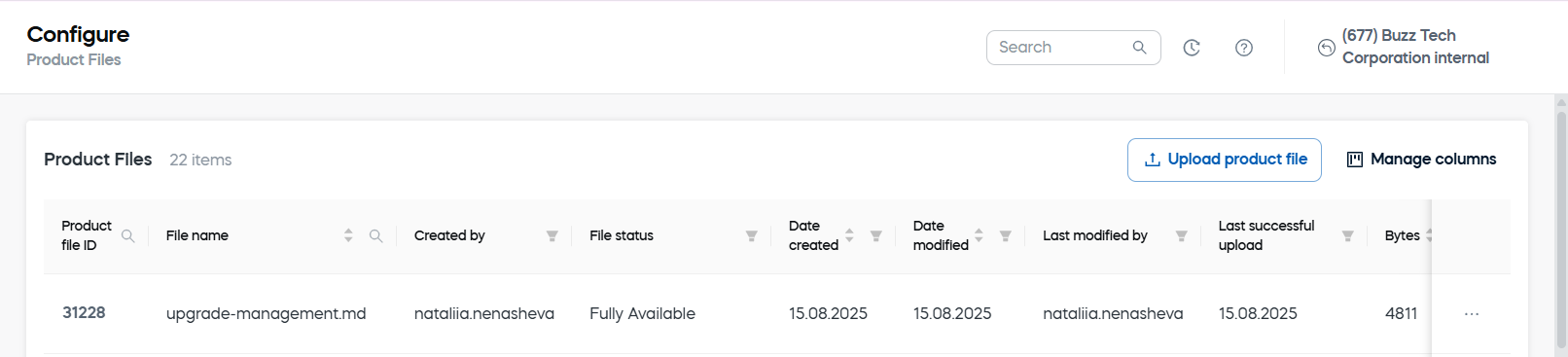 Manage columns — full list