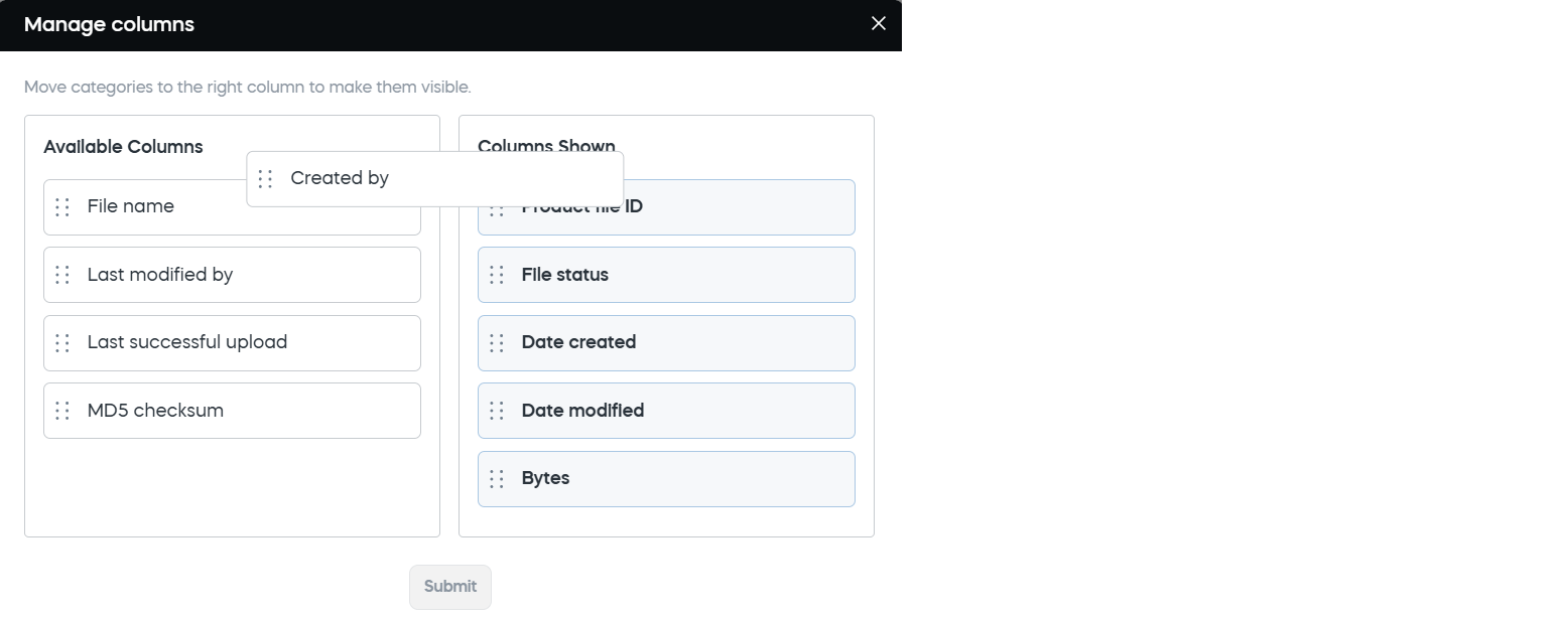 Manage columns — drag and drop