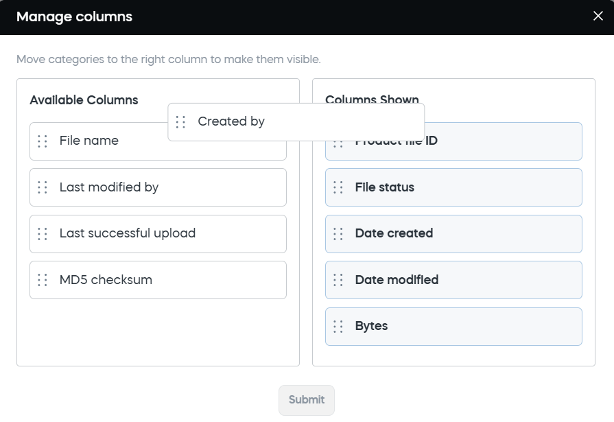 Manage columns — drag and drop
