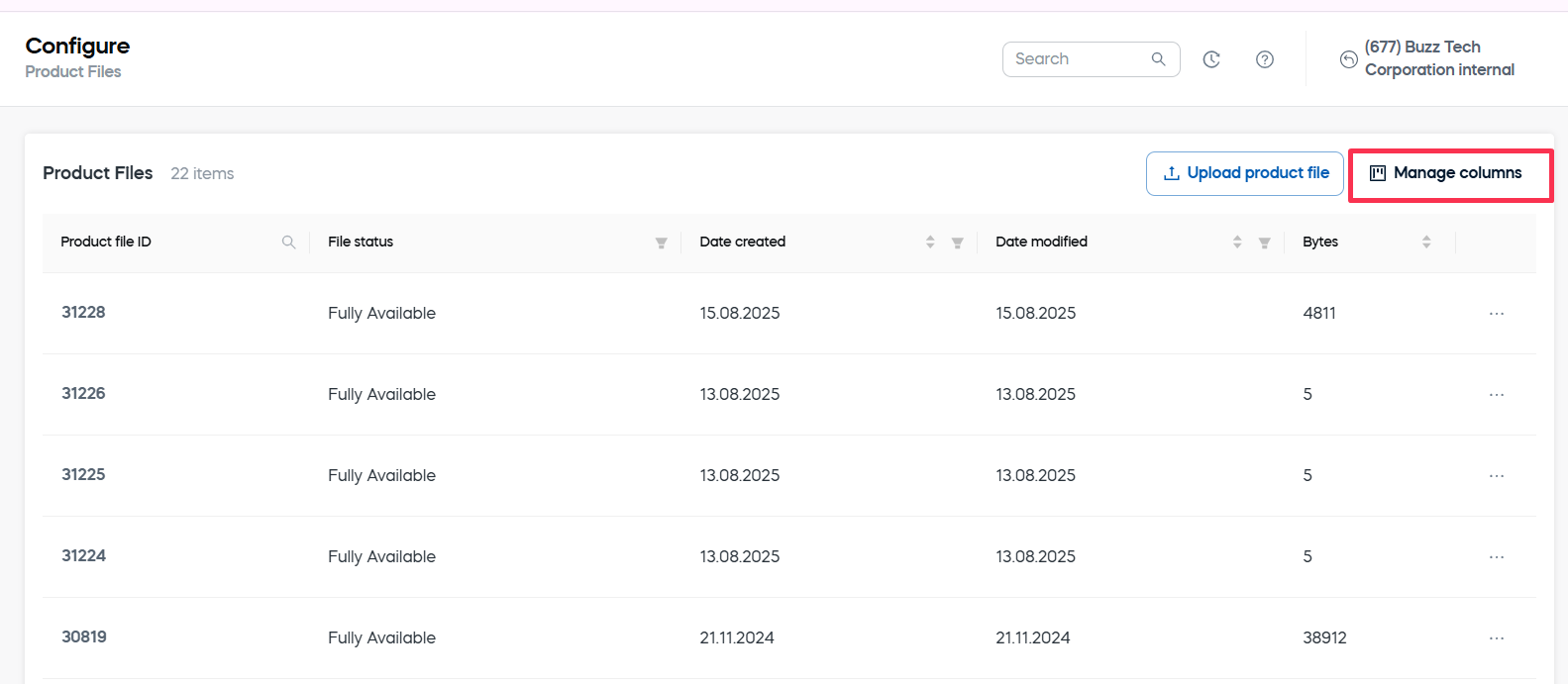 Product Files — Manage columns button