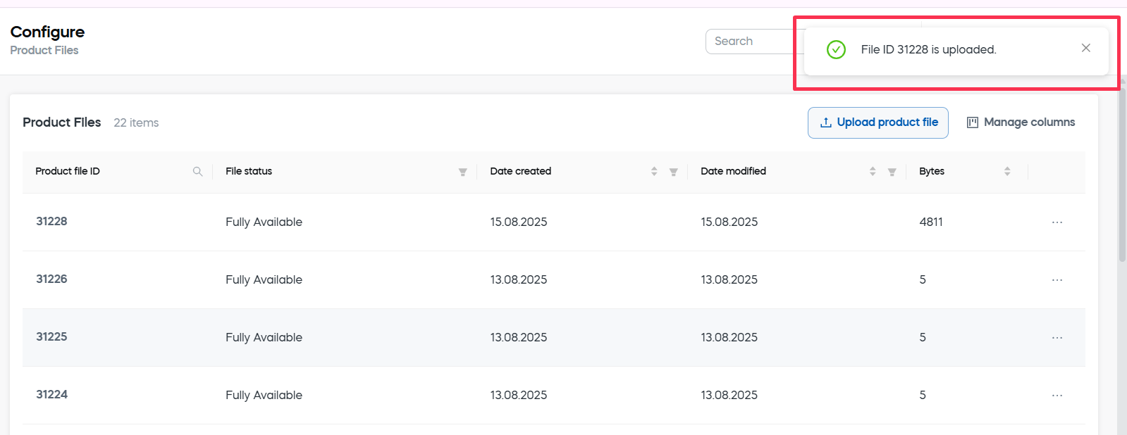 Upload success message