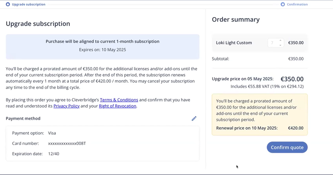 Upgrade Quote Confirmation