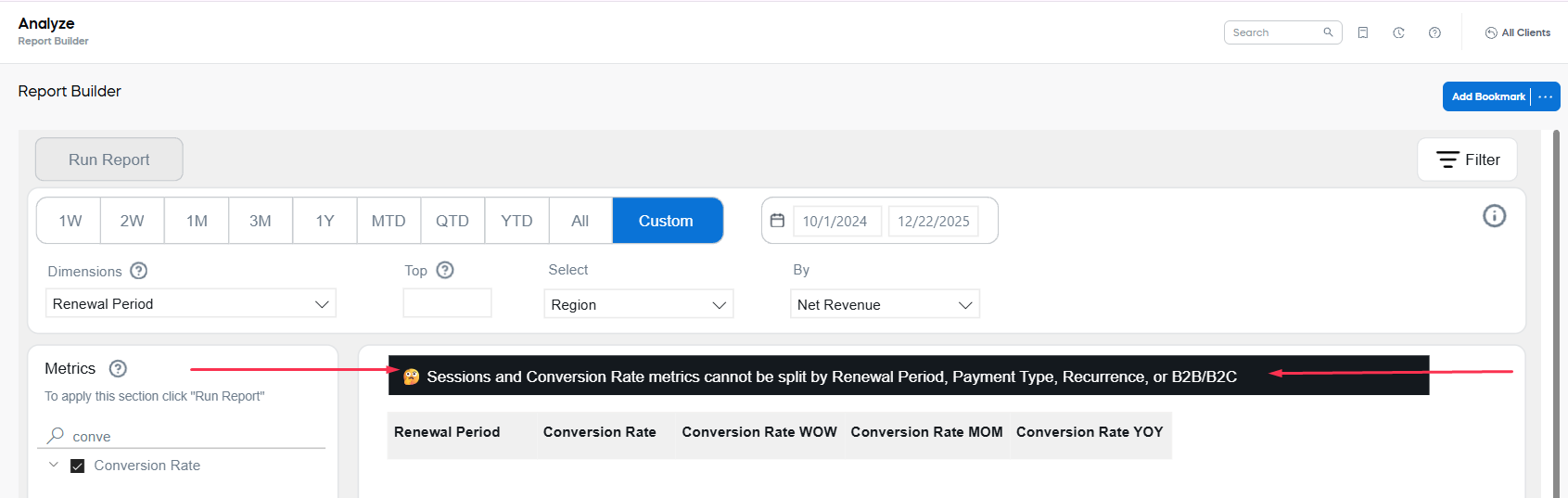 Report Builder Metric Forbidden Dimensions