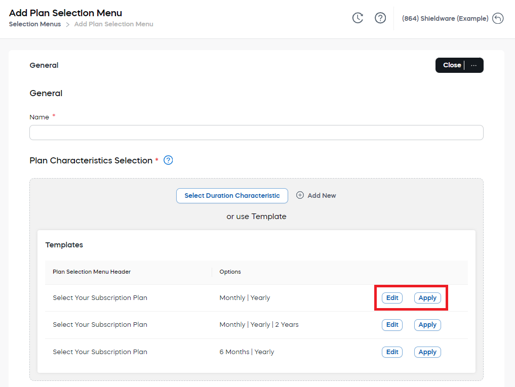 Plan Selection Menu - Use Template