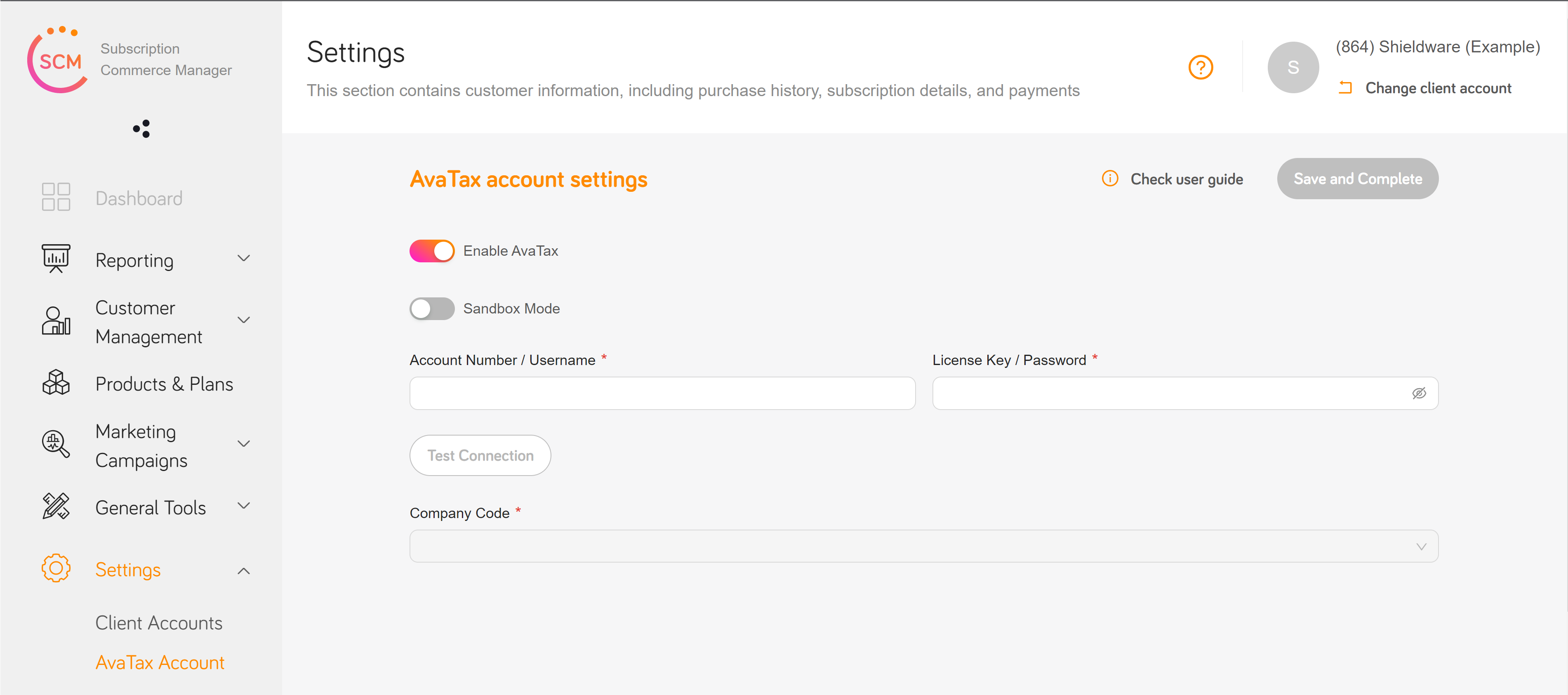 Avatax Account Dashboard