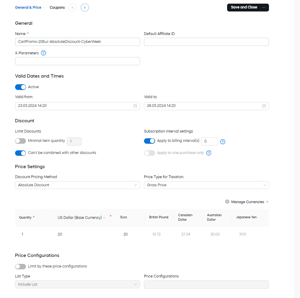 Example - cart promotion settings