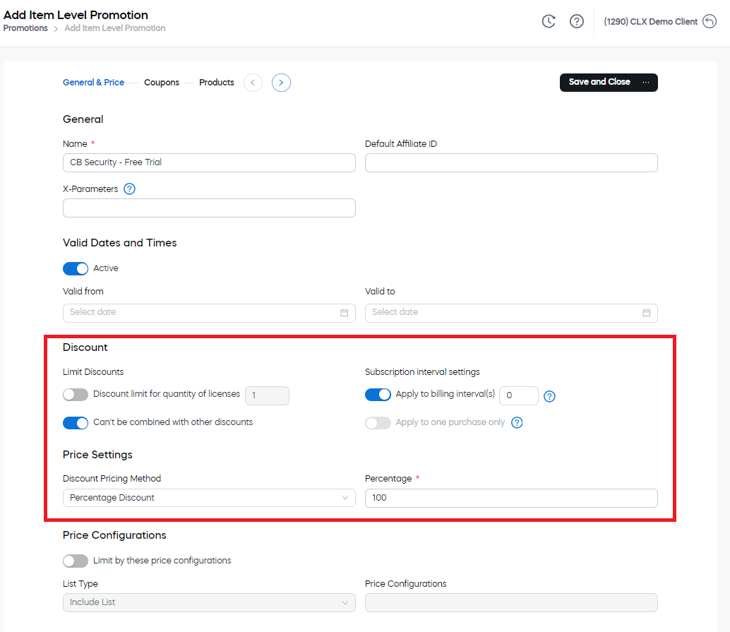 Set up discount amount