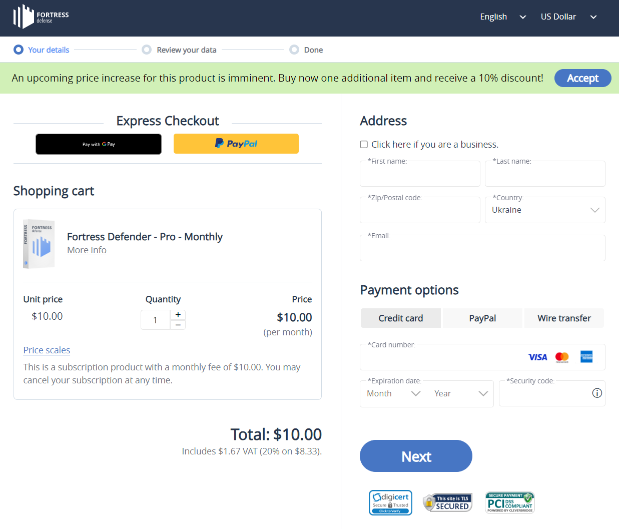 Incentive banner in the cart - example