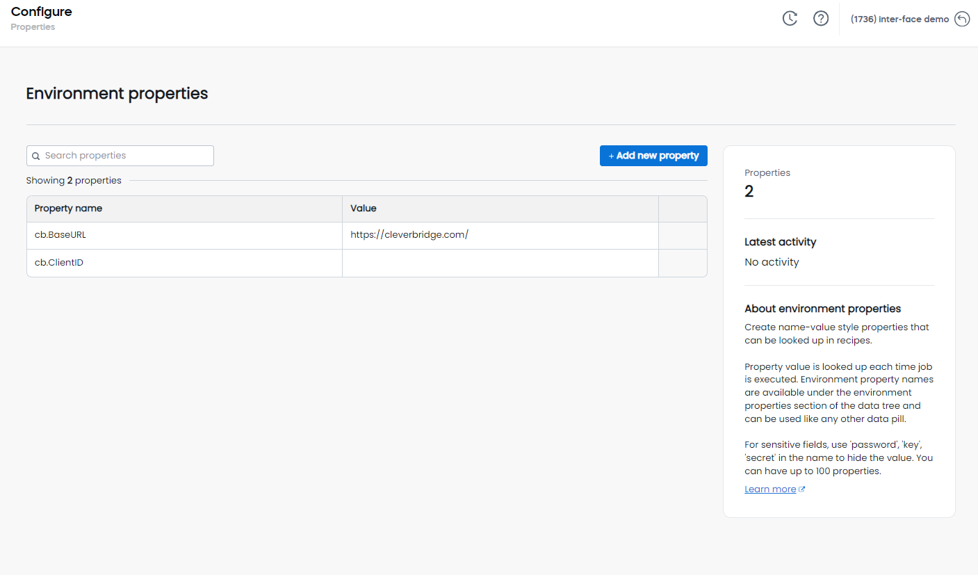 Integration Hub properties page