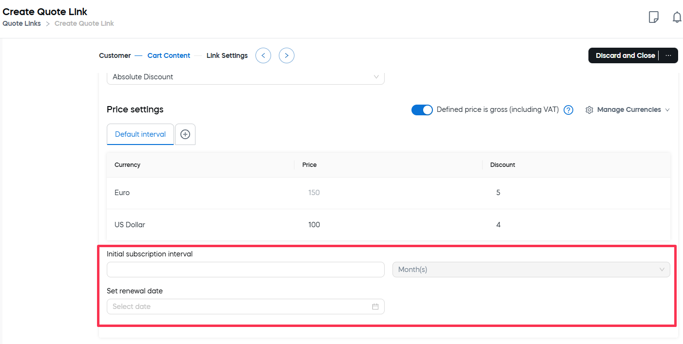Quote - Subscription Settings