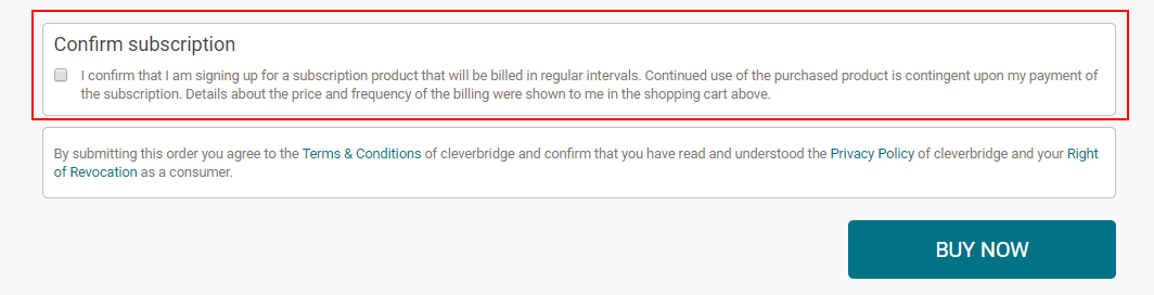 Shopping cart subscription billing confirmation