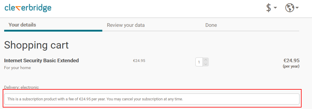 Shopping cart subscription billing