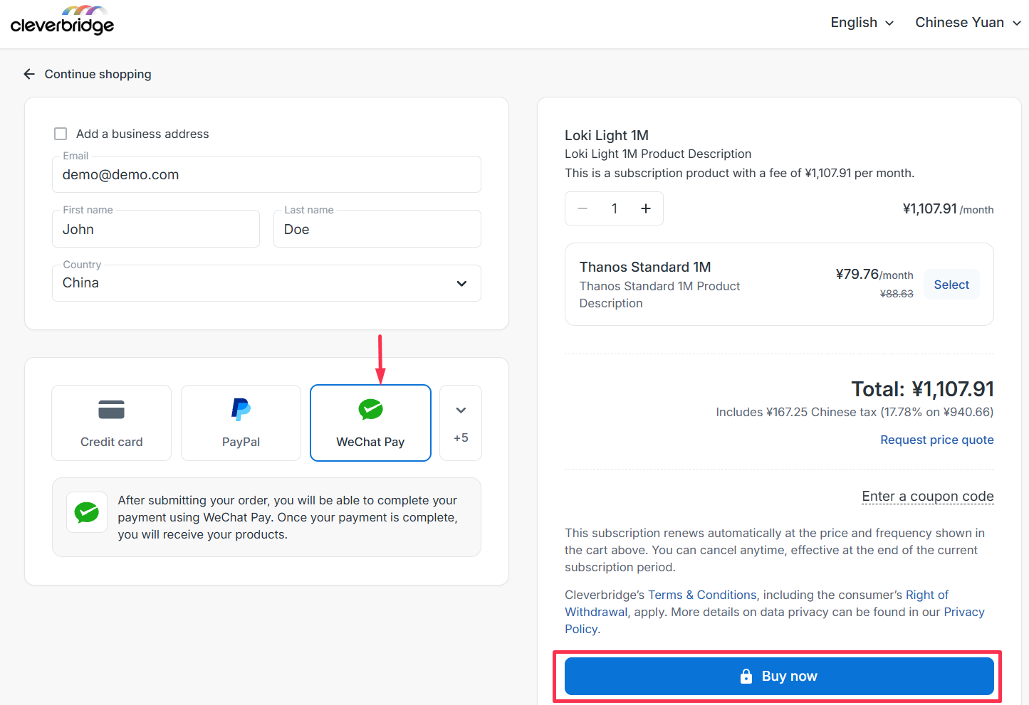 Select WeChat Pay and submit the order in Checkout 2.0