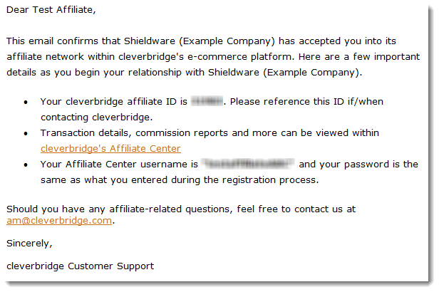 affiliate center acceptance email sample