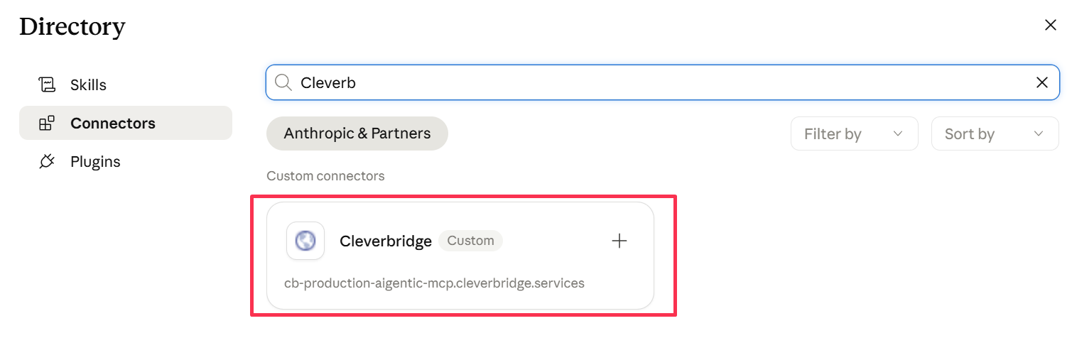 The Claude connector directory with Cleverbridge highlighted