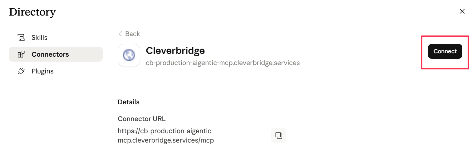 The Cleverbridge connector page in Claude with the Connect button highlighted