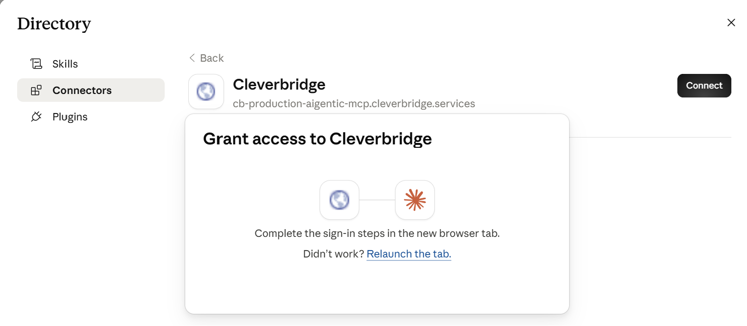 Claude waiting for the Cleverbridge sign-in flow to finish