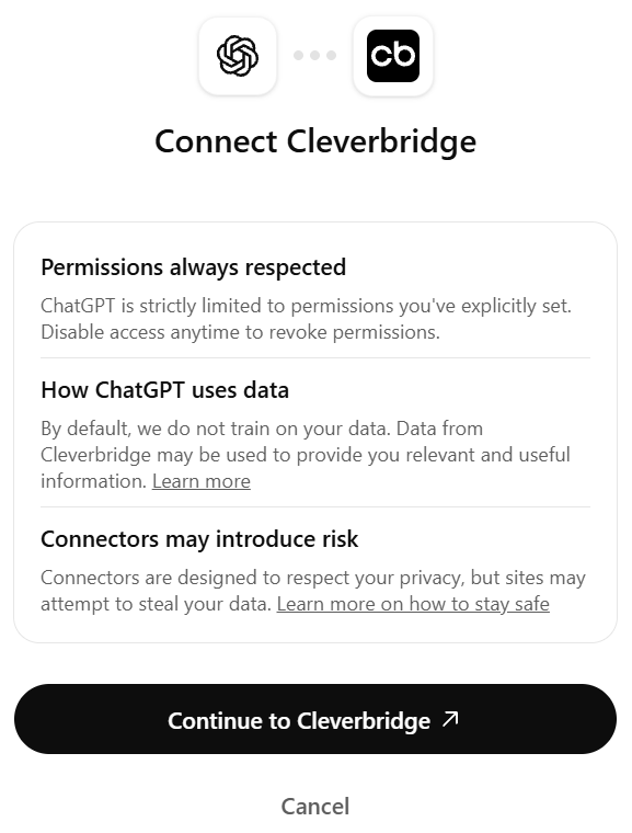 The ChatGPT connection screen for authorizing Cleverbridge