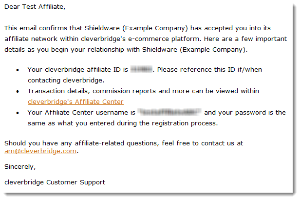 affiliate center acceptance email sample