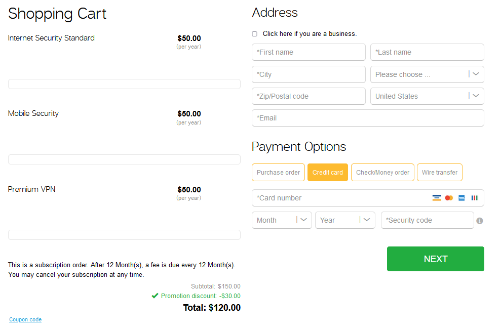 Cart promotion with percentage discount example in the checkout