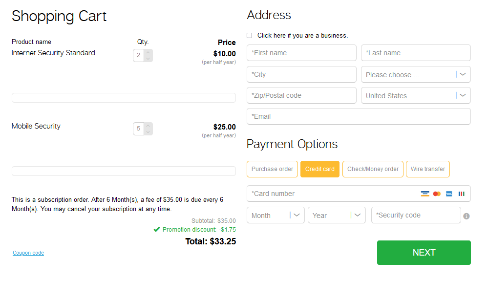 Cart promotion with percentage discount example in the checkout